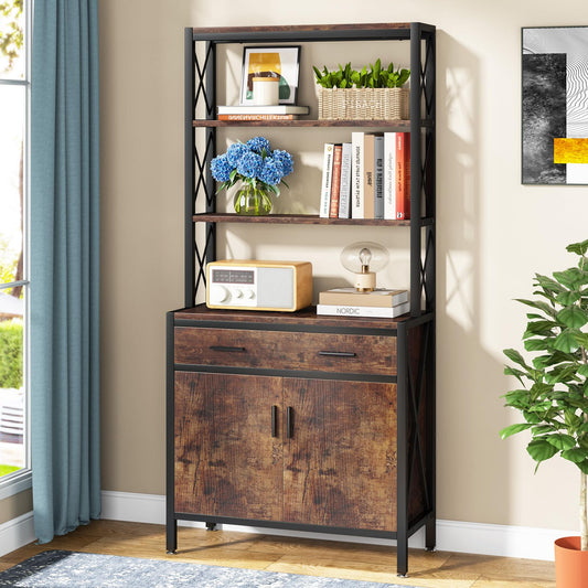 Tribesigns Rustic Brown Industrial 4-Tier Bookshelf with Drawer and Doors for Versatile Home Storage - WoodArtSupply