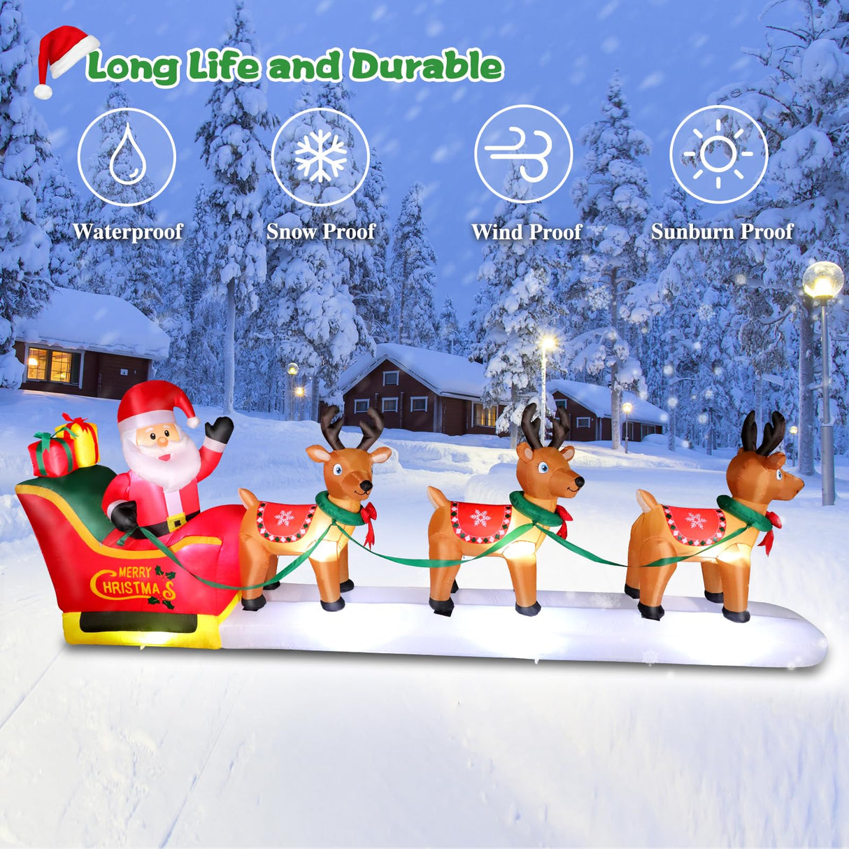 12 FT Christmas Inflatables Outdoor Decorations Santa Claus on Sleigh, Blow Up 3 Reindeers Pulling Santa's Sleigh with Gift Boxes, Built in LED Lights for Christmas Party Decor, Yard, Garden Lawn FunFanso
