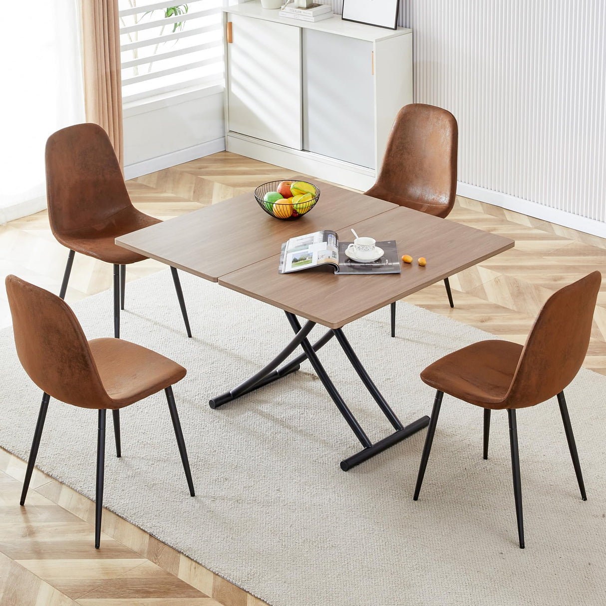Multifunctional Folding Table, Lift Top Coffee Table Convertible to Dining Table, Height Adjustable Wooden Dinner Table with Metal Legs, Modern for Small Spaces Dining/Living Room/Kitchen EXVQMU