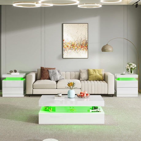 AMERLIFE High Gloss LED Nightstand Set of 2 with Charging Station, Modern Bedside Table Night Stand with LED Lights, Sofa End Side Tables with Drawers for Bedroom Living Room, White AMERLIFE