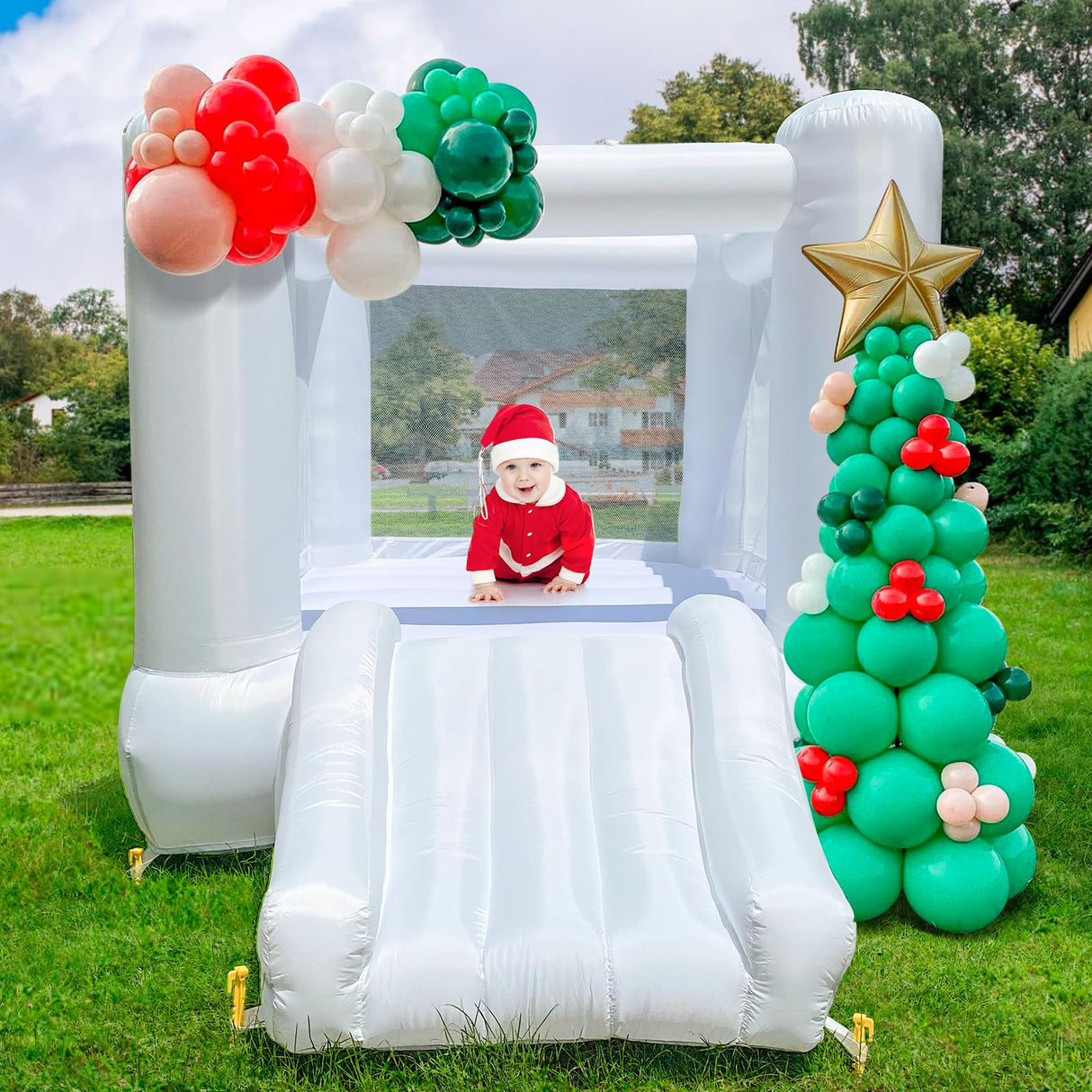 iLink-outer White Bounce House for Kids 2-8 Indoor Outdoor Toddlers Oxford Bouncy Castle with Slide & Blower,103 x 71 x 90 inch Birthday Party Gifts for Halloween Christmas iLink-outer