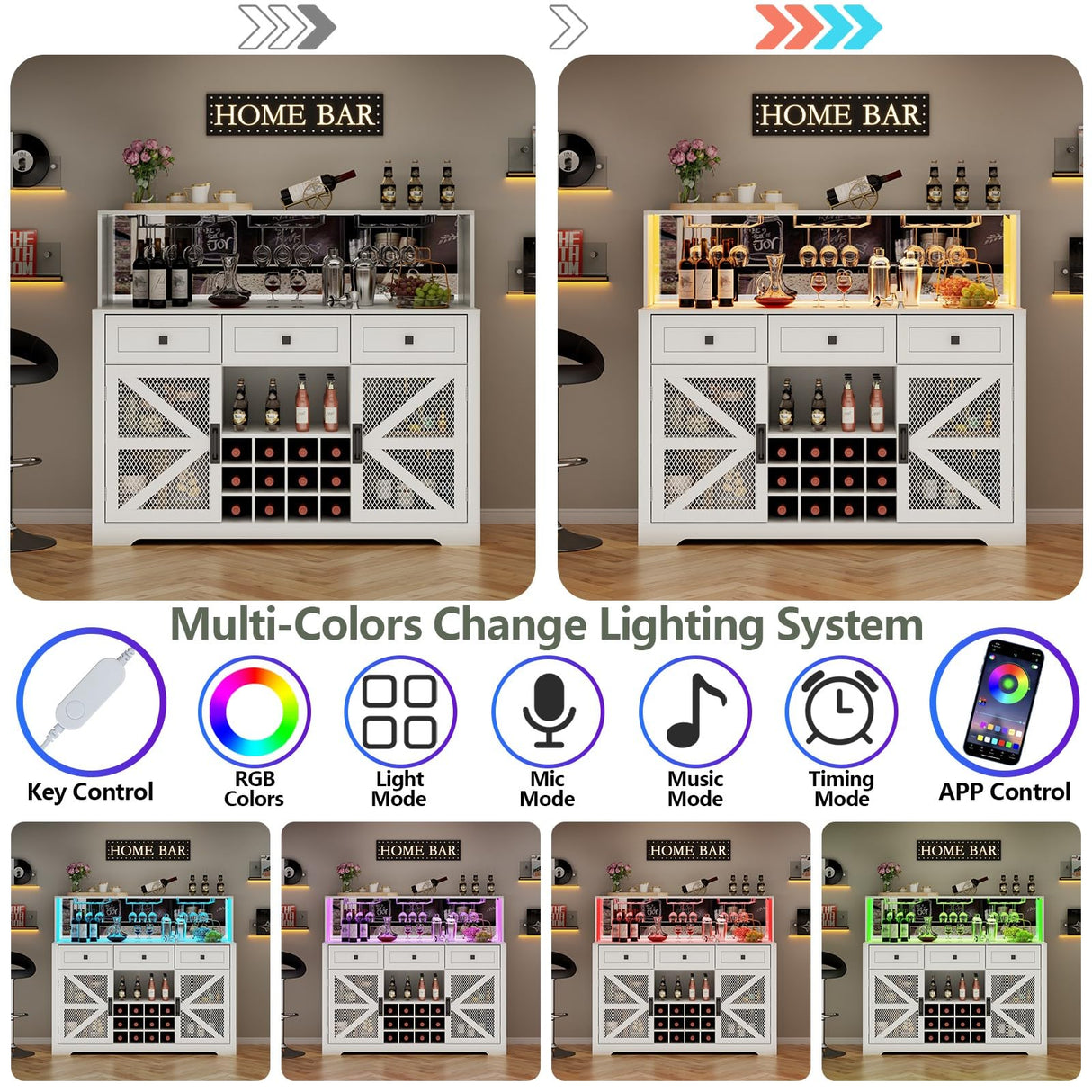 Gyfimoie Farmhouse Wine Bar Cabinet with LED Lights, Kitchen Coffee Bar Cabinet with Acrylic Mirror, Wine & Glass Rack, Storage Shelves and 3 Drawers (Signle Hutch) Gyfimoie