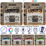 Gyfimoie Farmhouse Wine Bar Cabinet with LED Lights, Kitchen Coffee Bar Cabinet with Acrylic Mirror, Wine & Glass Rack, Storage Shelves and 3 Drawers (Signle Hutch) Gyfimoie