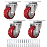 Finnhomy 3 Inch Swivel Casters Wheels Set of 4 Heavy Duty Plate Casters Premium Polyurethane Wheels PU Load Bearing 2,200 Lbs Anti-wear Smooth Casters Red (Free Screws) Finnhomy