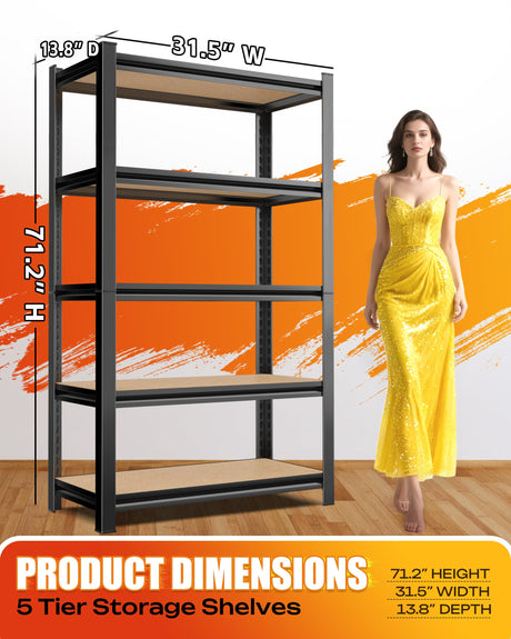 AOAORGG 5-Tier Garage Shelving Heavy Duty Storage Shelves, Metal Adjustable Shelving Unit, Utility Garage Organizer Shelf for Basement, Pantry, Kitchen, Warehouse, 31.5" W x 13.8" D x 71.2" H, Black AOAORGG