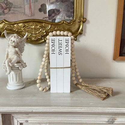 Decorative Books for Home Decor, White Faux Books for Decoration, Rustic Farmhouse Stacked Display Books with 52in Wood Bead Garland for Coffee Tables Living Room, (Home Sweet Home)