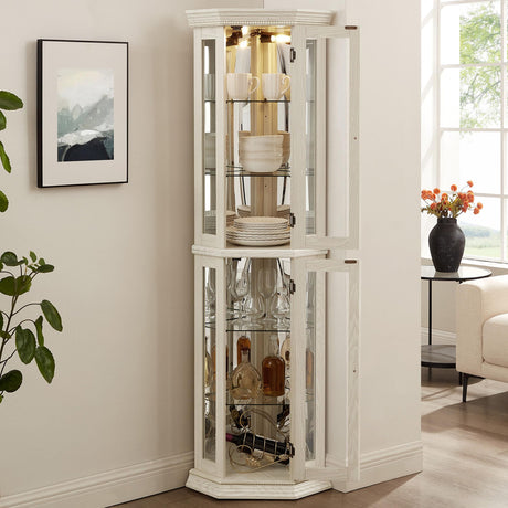 MWrouqfur 70'' Corner Curio Cabinet with Lights, White Display Cabinet with Glass Doors, Corner China Cabinets with Adjustable Tempered Glass Shelves, Gift to Wife/Friends/Mother (White) MWrouqfur