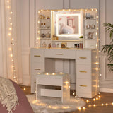 ANWBROAD Vanity Desk Table with Lighted Mirror and Lights Makeup Vanity Desk 39.4“ with Power Outlet 3 Colors Lighting Adjustable Brightness Vanity Table for Bedroom Dressing Room (White + 7 Drawers) ANWBROAD