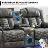 Manual Recliner Sofa Set 3 Piece with Wireless Charger for Living Room,Leather 3 Seater Reclining Couch with Bass Speakers and Loveseat Theater Seating,Home Electric Recliner Chair with LED Light,Grey Comfort Stretch