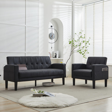 TYBOATLE Sofa Couch 62" W Loveseat w/ 2 USB Charger Ports & 2 Cupholders, Mid-Century Modern Black LeatherTufted Small Love Seat Couches for Office,Compact Living Room,Bedroom,Apartment,Dorm (2) TYBOATLE