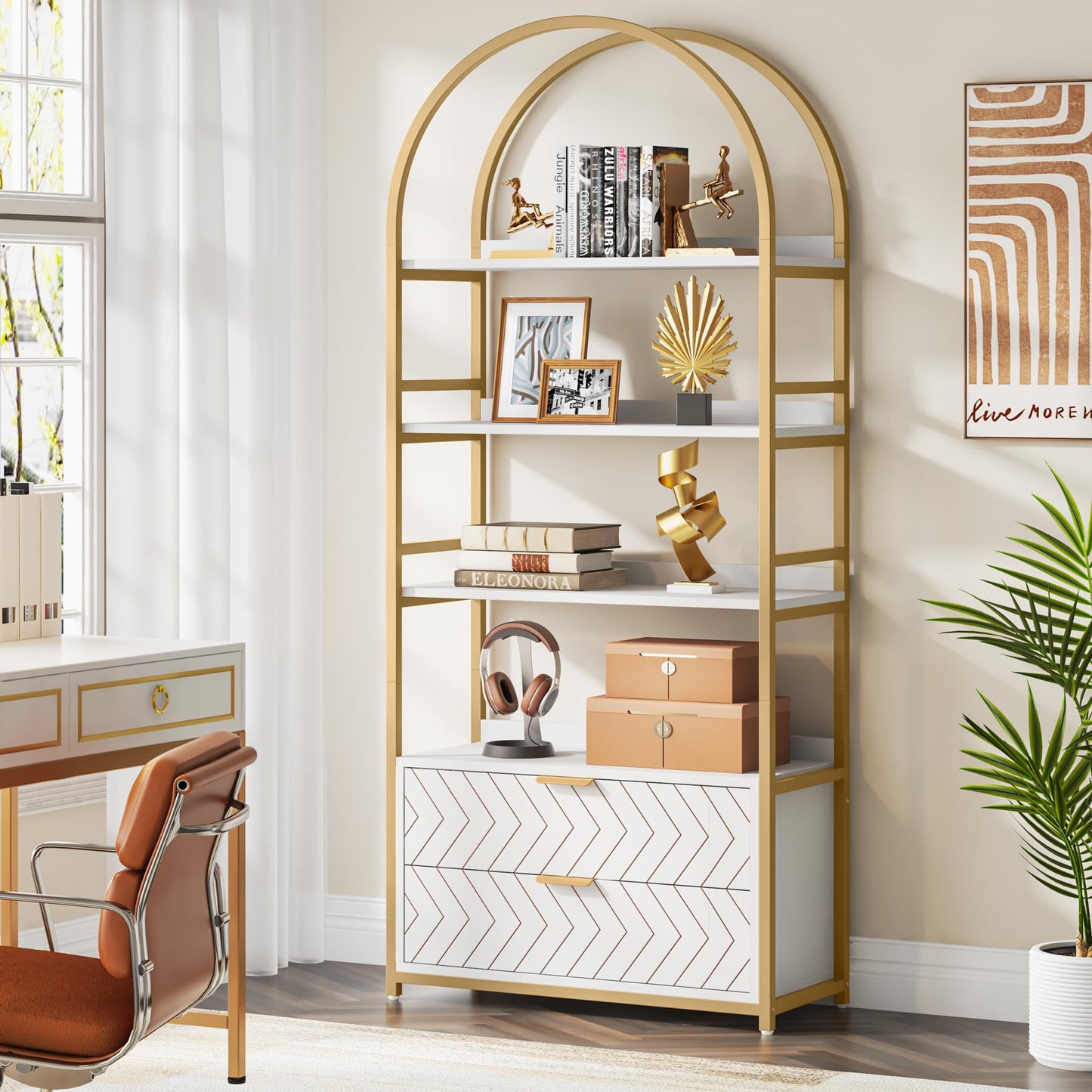 Tribesigns 4-Tier Tall Bookcase with Drawers – Stylish White & Gold Free-Standing Storage Shelf - WoodArtSupply