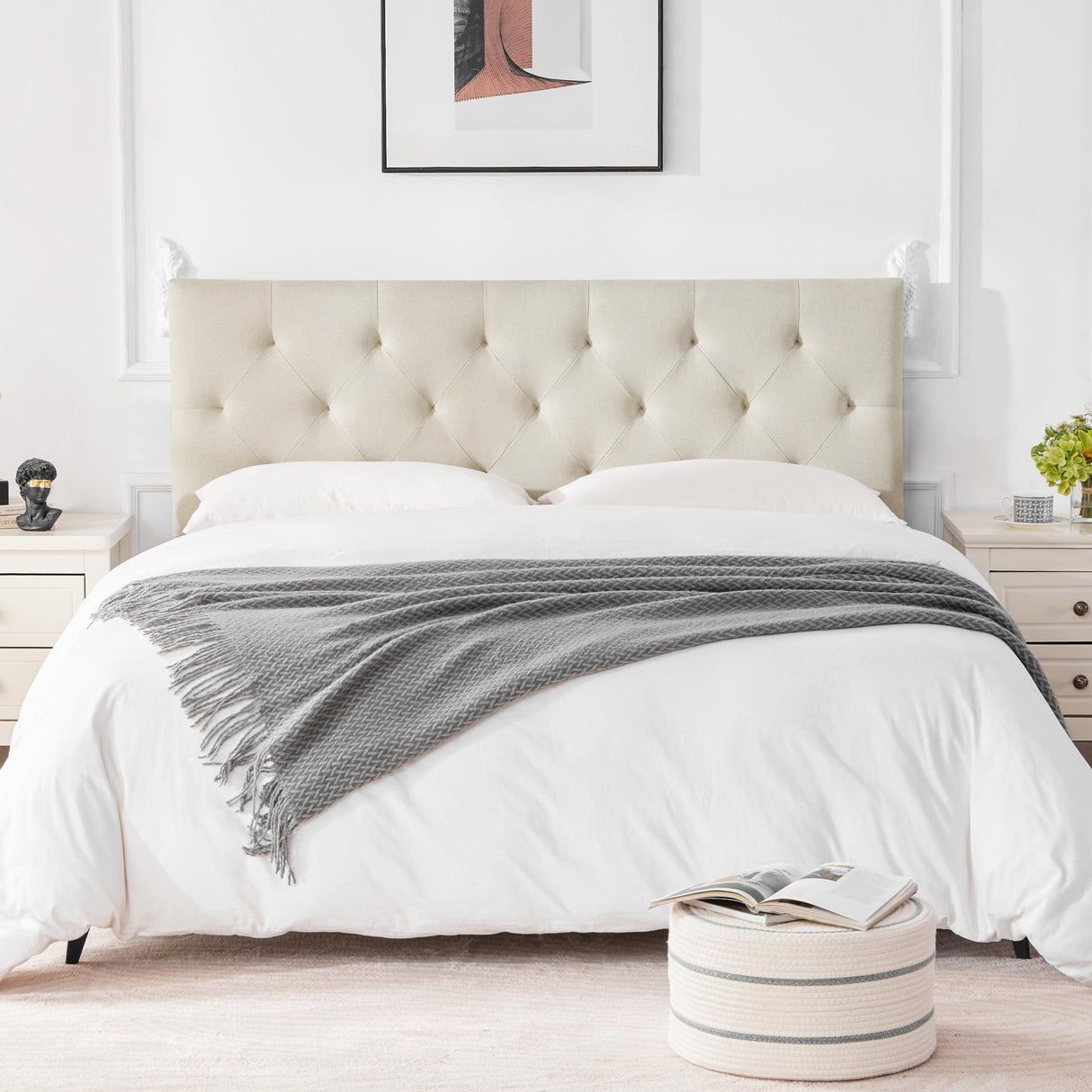 Howjoe Linen Upholstered Headboard Twin Size, Diamond Tufting Solid Wood Twin XL Headboard Only, Adjustable Height from 37” to 51” Head Board, Dorm Bed Frame or Wall Mount Headboards, Beige Howjoe