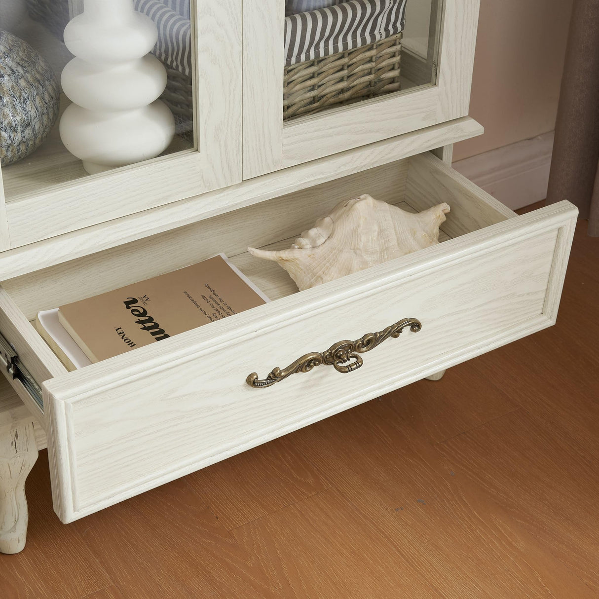 CKEASEAN Curio Cabinet with Tempered Glass Doors, 52" H Glass Display Cabinet with Light Bulb inclued, Curio Storage Cabinet with Mirrored Back Panel and Adjustable Shelves (White) CKEASEAN