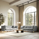 UDiaoszAM 3 Seater 82" Chesterfield Sofa, Wide and Thick Cloud Couch with Tuxedo Arm Tufted Back, Plush Velvet Fabric Sofa Comfy Couches for Living Room with Two Pillows (2, Grey) UDiaoszAM