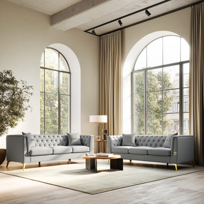 UDiaoszAM 3 Seater 82" Chesterfield Sofa, Wide and Thick Cloud Couch with Tuxedo Arm Tufted Back, Plush Velvet Fabric Sofa Comfy Couches for Living Room with Two Pillows (2, Grey)