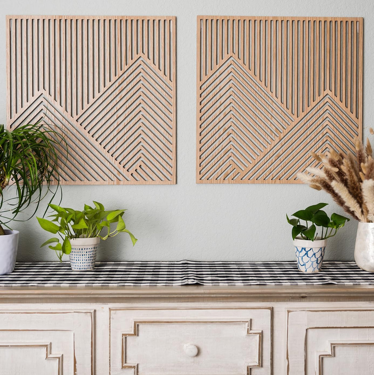 SnugLife 2 Pcs Wood Mountain Wall Art - Modern Wooden Panel Mountain Wall Decor, Decorative Forest Nature Abstract Line Minimalist Wall Art for Living Room Bedroom Farmhouse - Large 23.5”x23.5” SnugLife