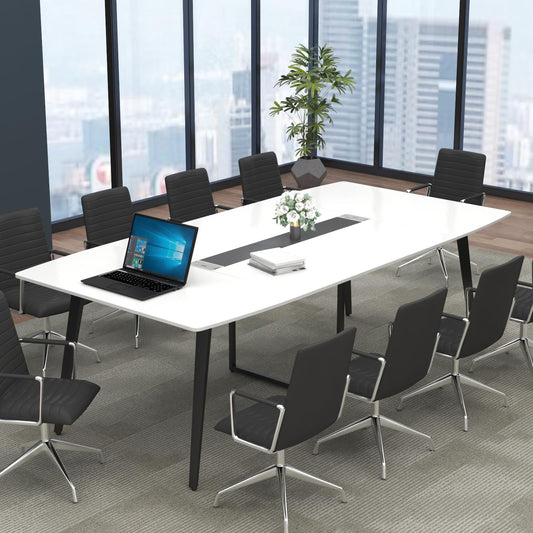 Loomie 8FT Conference Table, 94.49" L x 47.24" W x 29.53" H Meeting Seminar Table with Grommet, Large Boat Shaped Computer Desk, Boardroom Desk for Office Meeting Conference Room,White - WoodArtSupply