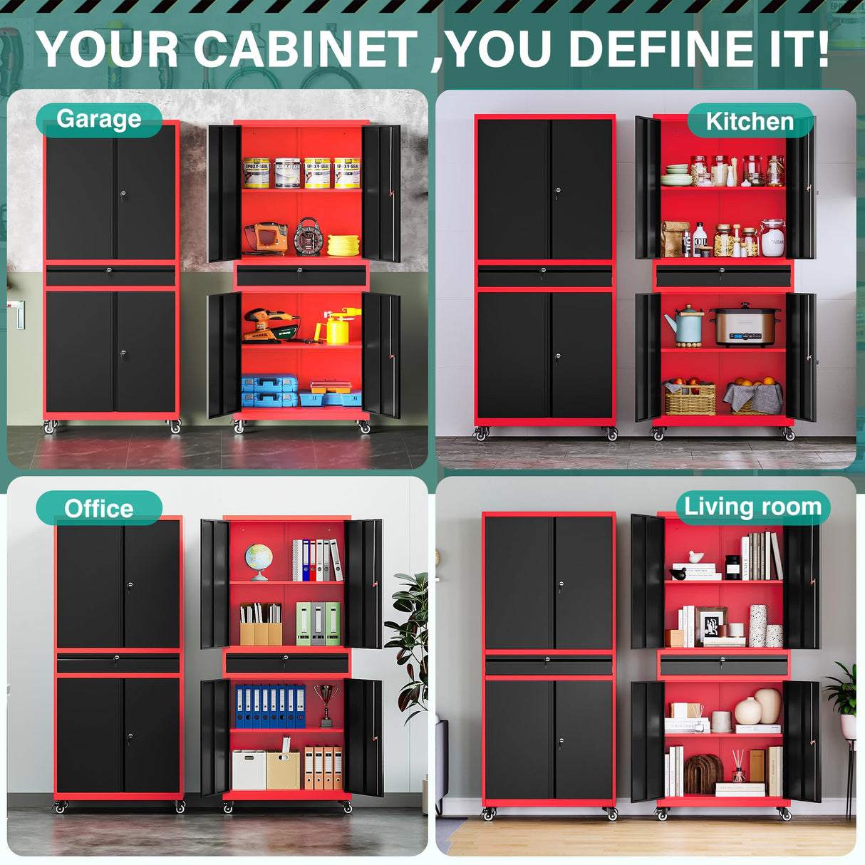 Metal Storage Cabinet with Wheels and Drawer,Rolling Garage Storage Cabinet with Lock,Black Red Metal Cabinet with Wheels,73" Mobile Tall Large Storage Cabinet on Wheels for Home,Office,Garage,Shop SISESOL
