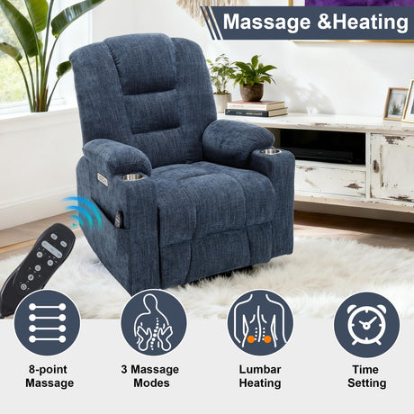 RHHVVR Power Lift Recliner Chair for Eldery, Chenille Electric Recliner Chairs with Massage and Heat, Remote Control Standing Assistance Lay Flat Recliner Sofa for Living Room Medium-Firm,Blue RHHVVR