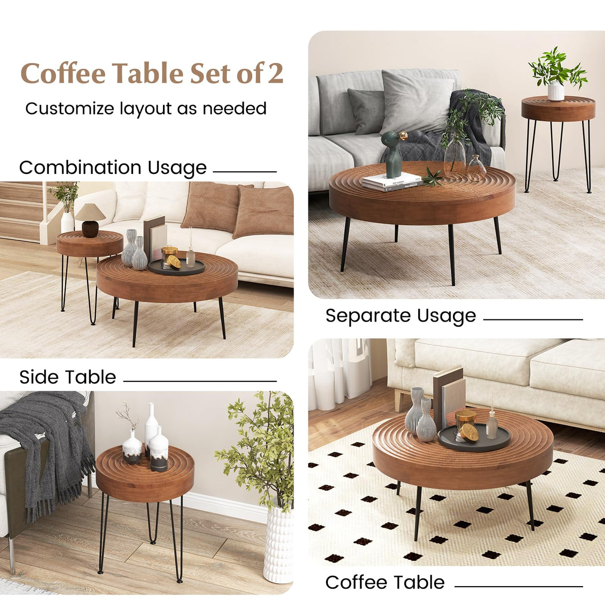 Giantex Boho Round Coffee Table Set of 2, Sofa Side Nesting Table with Solid Pine Wood Top, Metal Legs & Adjustable Foot Pads, 31.5" D Large Table Set for Living Room (Ring Pattern, Brown) Giantex