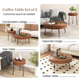 Giantex Boho Round Coffee Table Set of 2, Sofa Side Nesting Table with Solid Pine Wood Top, Metal Legs & Adjustable Foot Pads, 31.5" D Large Table Set for Living Room (Ring Pattern, Brown) Giantex