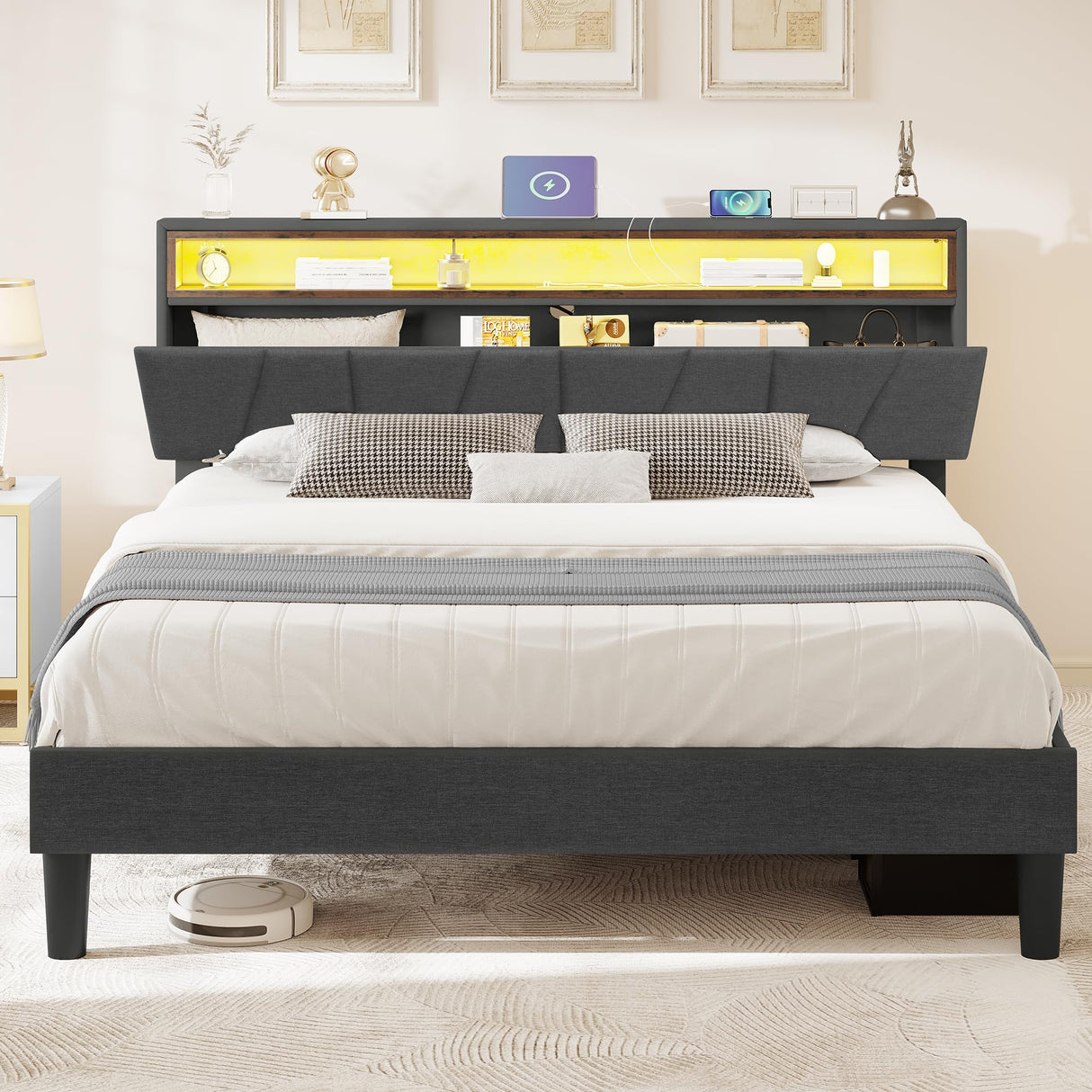YITAHOME Grey Queen Size Bed Frame with LED Headboard Storage and Charging Station YITAHOME