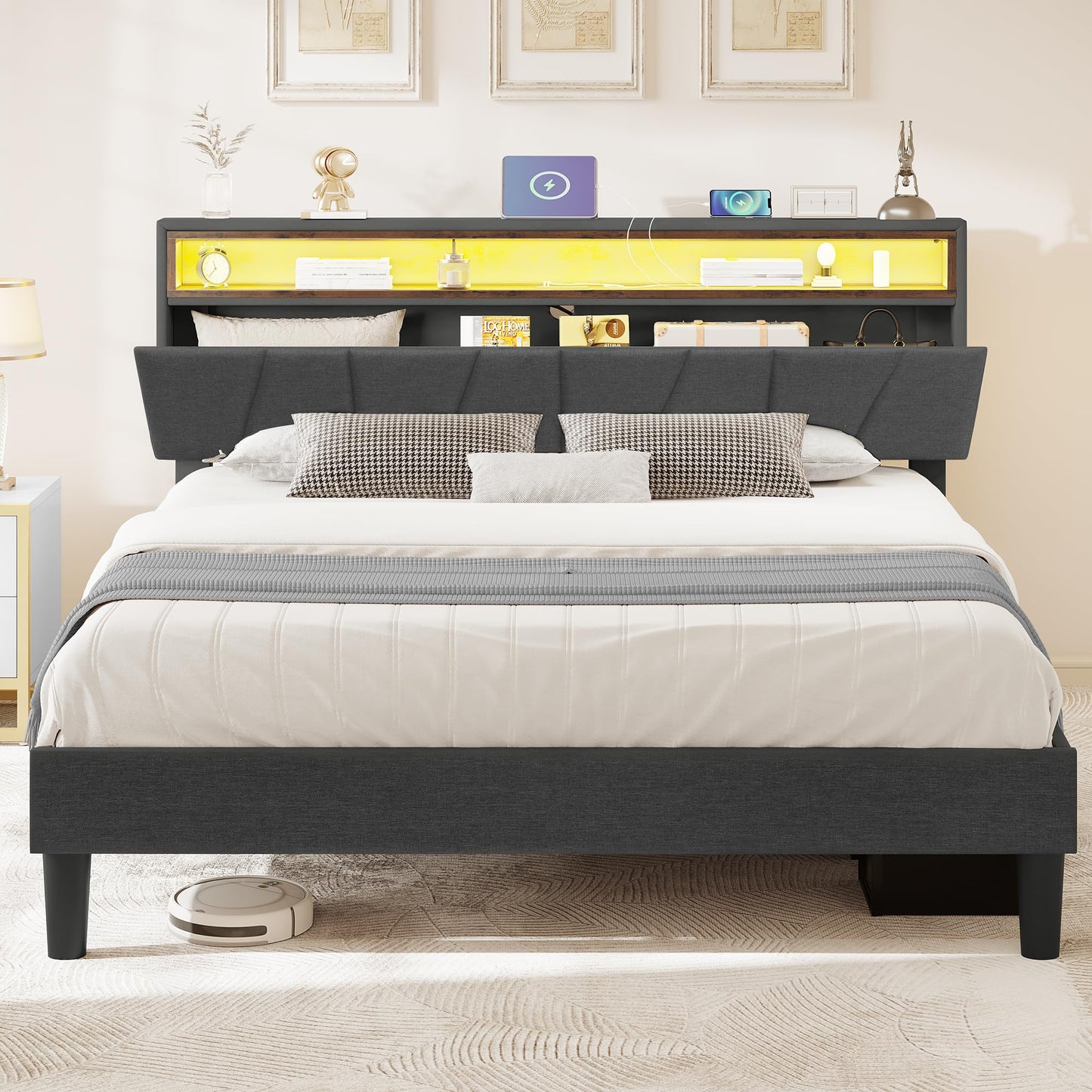 YITAHOME Grey Queen Size Bed Frame with LED Headboard Storage and Charging Station