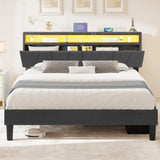 YITAHOME Grey Queen Size Bed Frame with LED Headboard Storage and Charging Station YITAHOME