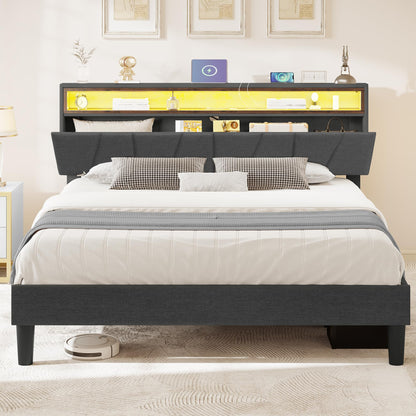 YITAHOME Grey Queen Size Bed Frame with LED Headboard Storage and Charging Station