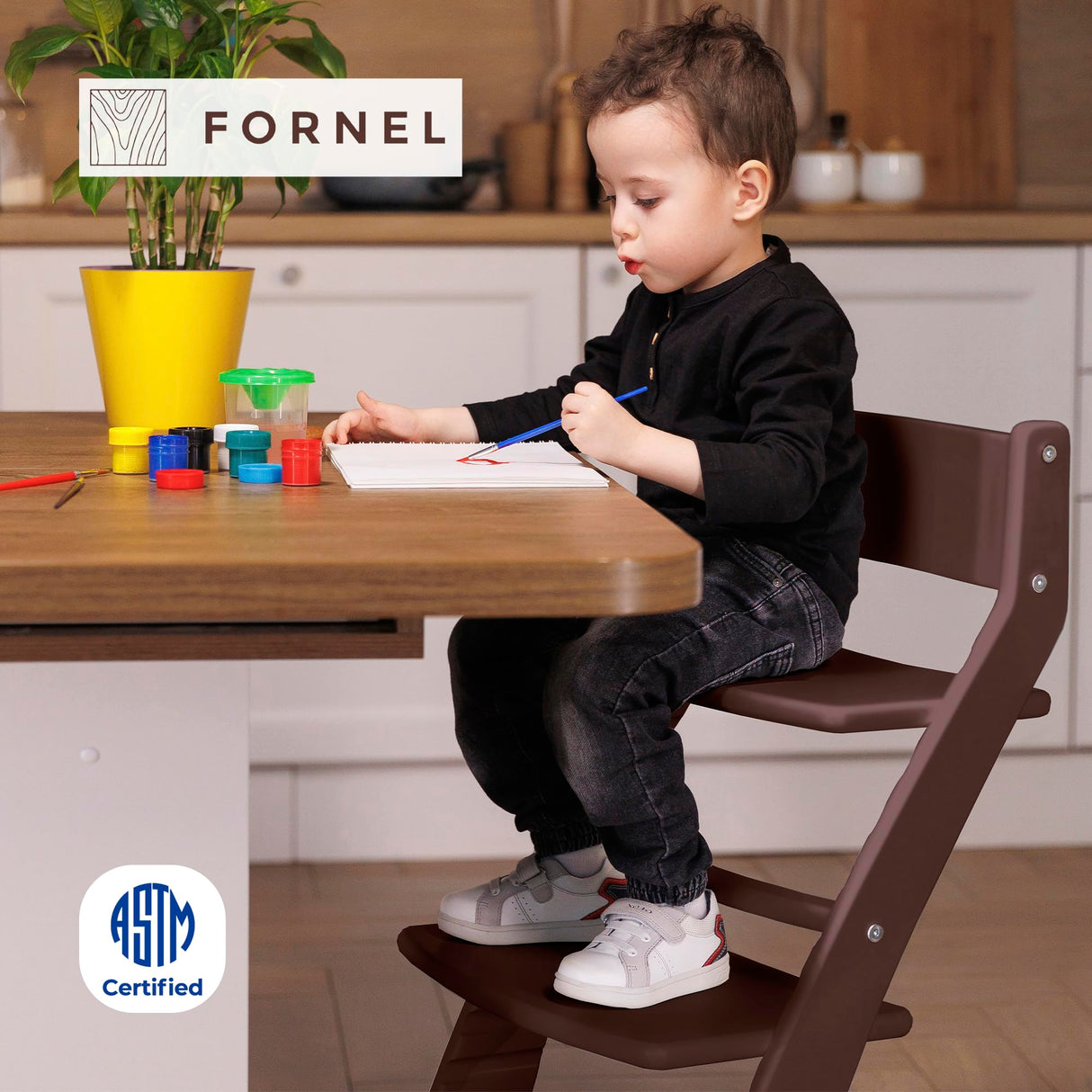 FORNEL Wooden High Chair for Babies and Toddlers - Adjustable Height Easy to Clean Toddler Highchair - Kids Dining Chair from 3 Years to 200 Lb, Grow with Child (Dark Walnut) Fornel