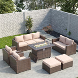Amopatio Outdoor Patio Furniture Sets, 10 Pieces Wicker Patio Furniture, Outdoor Sectional Patio Couch Set with Ottoman, Patio Conversation Set with 44" Gas Fire Pit (Khaki) Amopatio