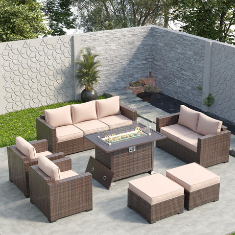 Amopatio Outdoor Patio Furniture Sets, 10 Pieces Wicker Patio Furniture, Outdoor Sectional Patio Couch Set with Ottoman, Patio Conversation Set with 44" Gas Fire Pit (Khaki) Amopatio