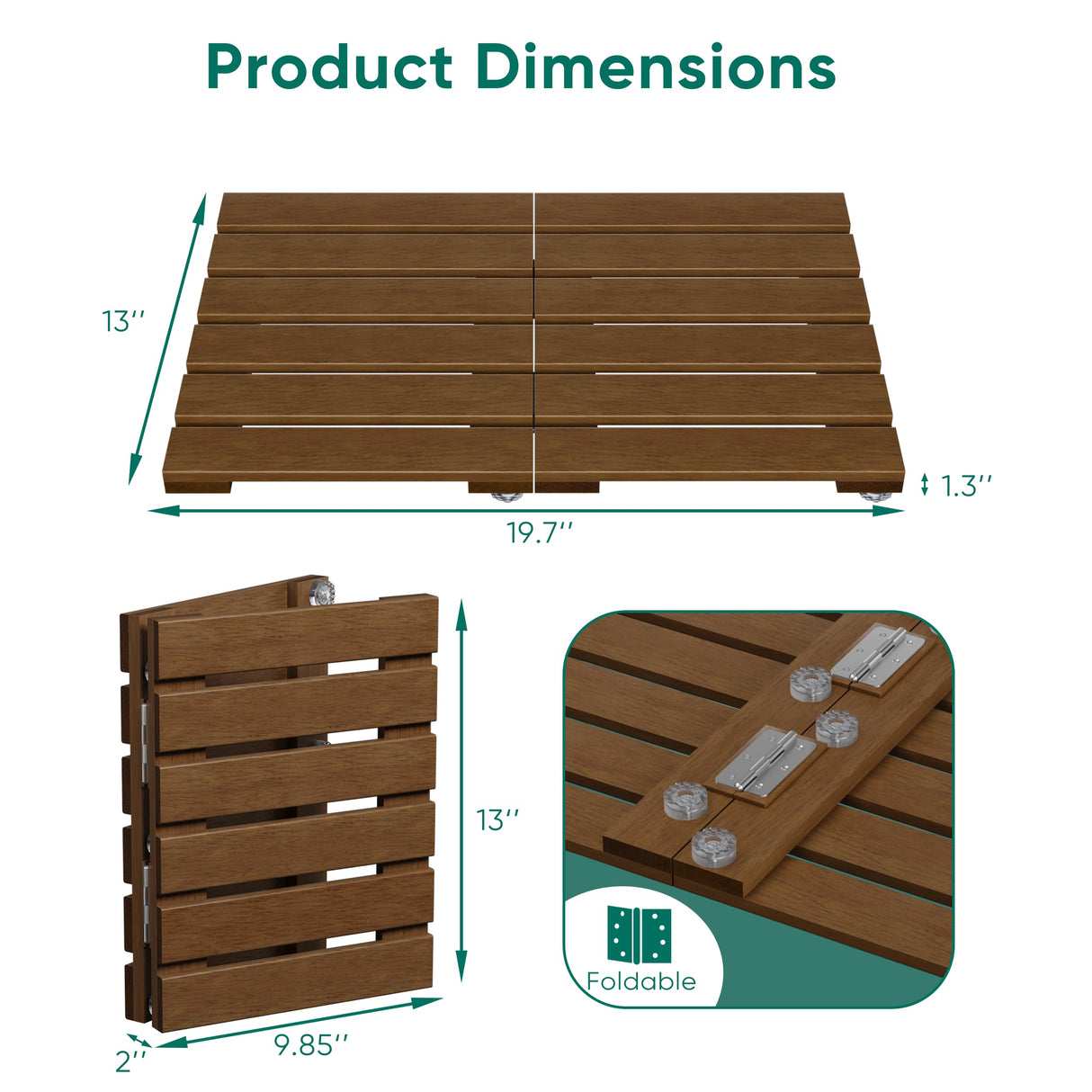 Smuxee Foldable Teak Wood Bath Mat, 19.7" x 13" Shower Mat with Non-Slip, Wooden Floor Mat for Bathroom, Pool and Sauna Smuxee