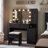 JXQTLINGMU Farmhouse Vanity Makeup Desk with Charging Station, 43" W Vanity Desk with Lights Mirror and Drawers for Makeup, Big Modern Makeup Table Set with Stool for Bedroom, Black JXQTLINGMU