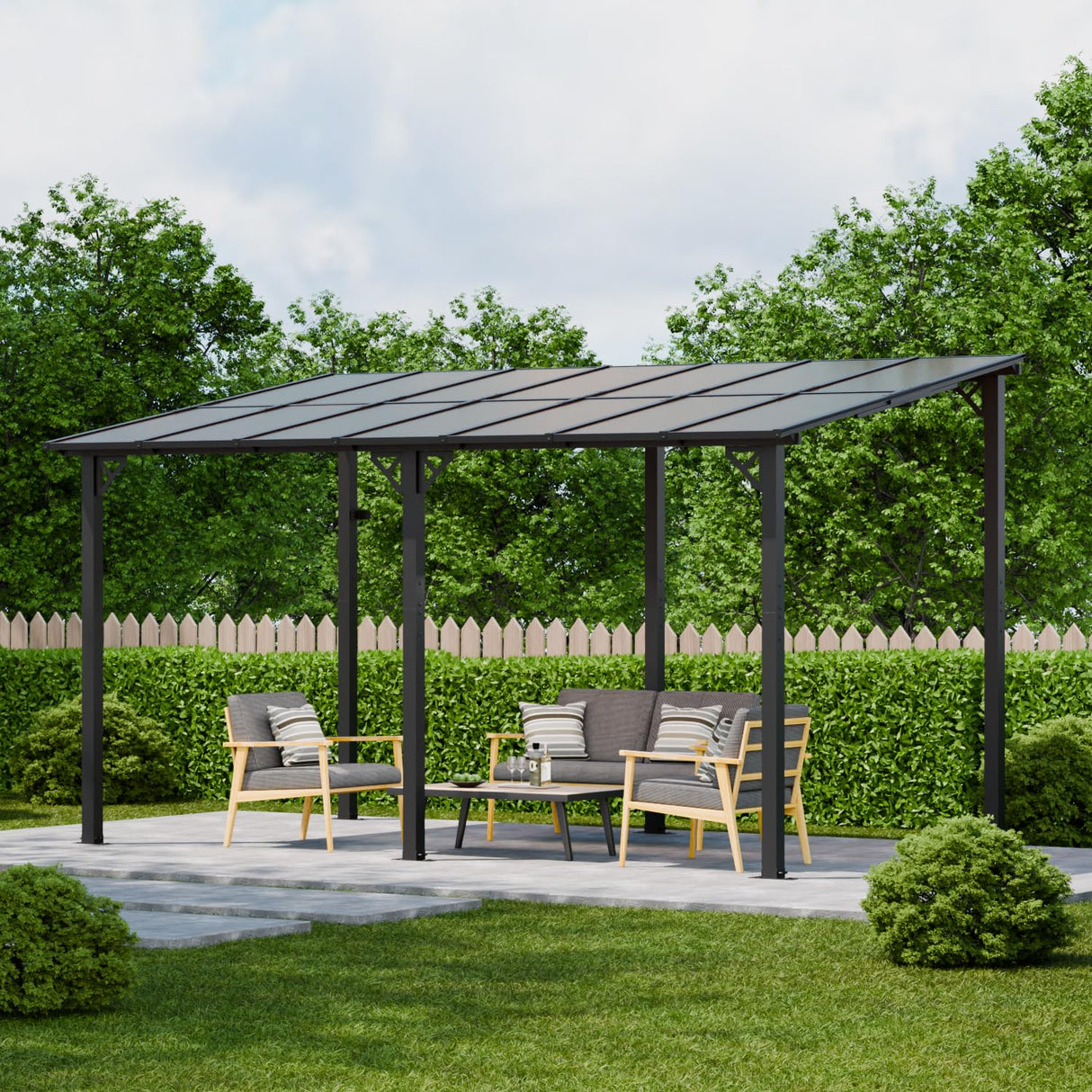 EBE 14' x 10' Gazebo, Hardtop Lean to Gazebo with Sloped Roof, Large Wall Mounted Gazebo Pergola, Metal Awning for Patio, Decks, Backyard EBE