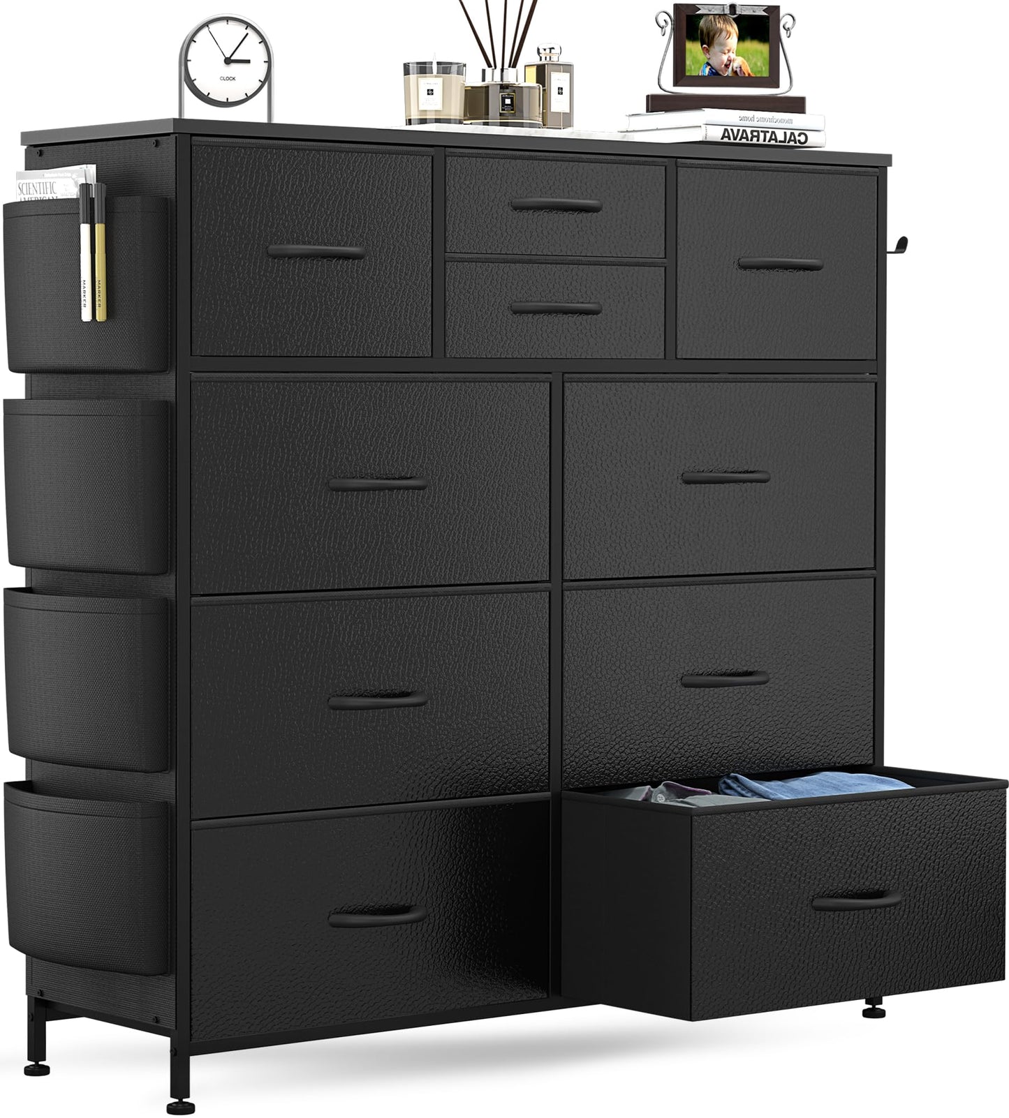 Lulive Dresser for Bedroom with 10 Drawers, Chest of Drawers with Side Pockets and Hooks, PU Storage Dresser, Organizer Unit for Living Room, Hallway, Closet (Black) - WoodArtSupply