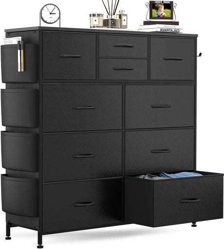 Lulive Dresser for Bedroom with 10 Drawers, Chest of Drawers with Side Pockets and Hooks, PU Storage Dresser, Organizer Unit for Living Room, Hallway, Closet (Black) Lulive