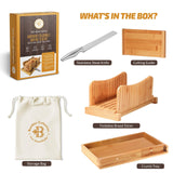 Bambüsi Bread Slicer for Homemade Bread - Bamboo Bread Cutter with Knife, Foldable Slicing Guide, Crumb Tray - Compact Bread Loaf Slicer for Cakes, Bagels, Loaves - Kitchen Gadget & Gifts Bambüsi