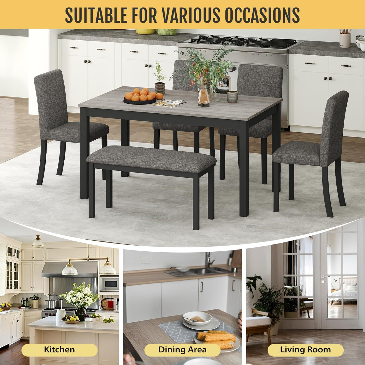 Zevemomo 6-Piece Solid Wood Dining Table Set, Including 1 Dining Table, 4 Upholstered Chairs and 1 Bench, Wooden Legs Dining Table Set for Dining Room, Kitchen, Restaurant, Dark Grey Zevemomo