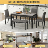 Zevemomo 6-Piece Solid Wood Dining Table Set, Including 1 Dining Table, 4 Upholstered Chairs and 1 Bench, Wooden Legs Dining Table Set for Dining Room, Kitchen, Restaurant, Dark Grey Zevemomo