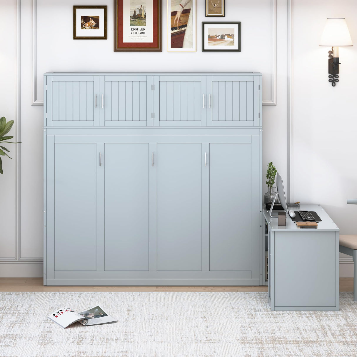 BEDGJH Queen Size Murphy Bed with Desk and Storage, Modern Wall Bed Cabinet in Gray with 600 lbs Weight Capacity BEDGJH