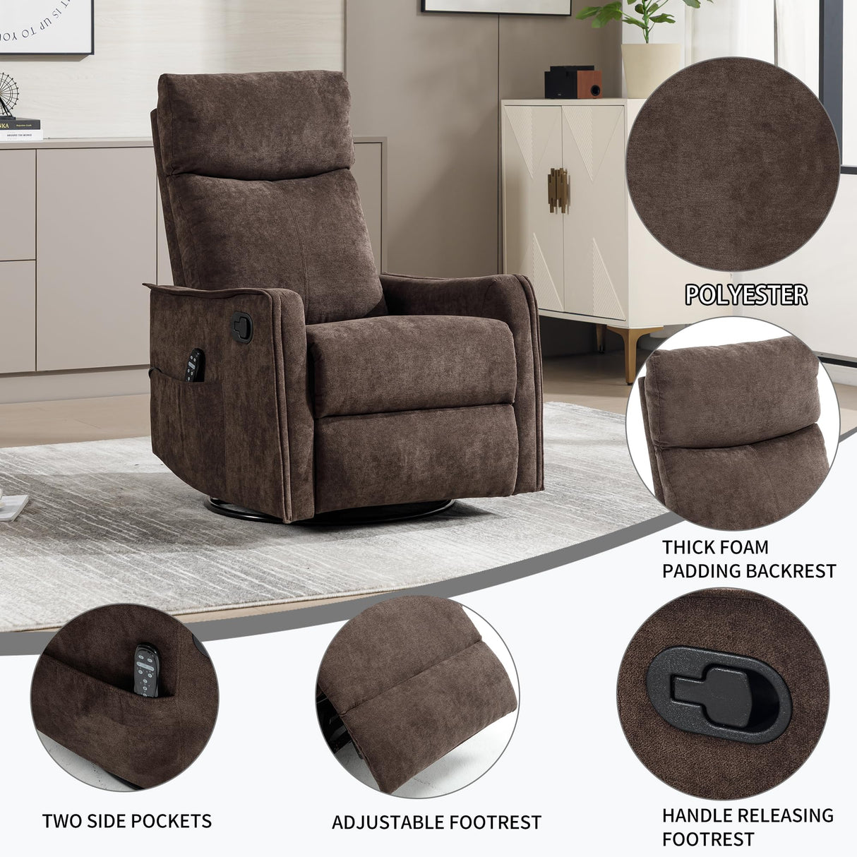 PELUMY Rocker Recliner Chair with Heat Massage - Manual Swivel Recliner for Living Room and Bedroom, 8 Vibration Points, Lumbar Heat, Glider Rocking Chair for Adults (Brown) PELUMY