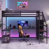 Loft Bed with Desk Queen Size, Gaming Loft Bed with LED Light for Adults, Heavy-duty Loft Beds Frame with Stairs & Wardrobe & Storage Shelves, Bunk Bed with Steps for Teens Boys Girls Room Dorm, Black Mirightone