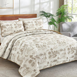 Drucon Khaki Quilt Set King Size, Toile Farmhouse Bedspreads, 3 Pieces Rustic Village Landscape Printed Coverlet, Soft Microfiber Quilt Bedding Set for All Season (106x90 Inch) Drucon