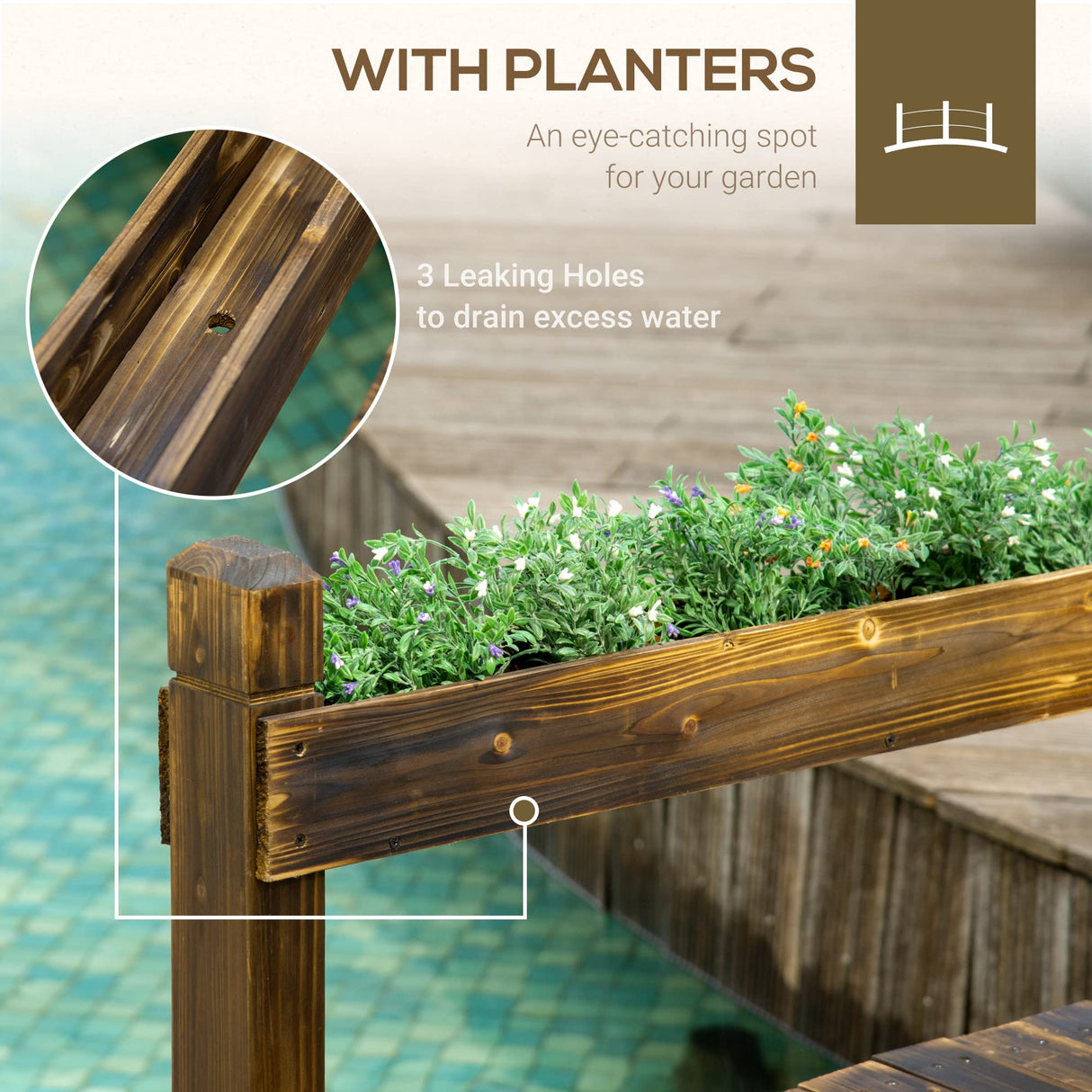 Outsunny 7.5' Wooden Garden Bridge with Planters, Stained Finish Arc Footbridge with Safety Railings for Backyard, Pond Stream, Stained Wood Outsunny