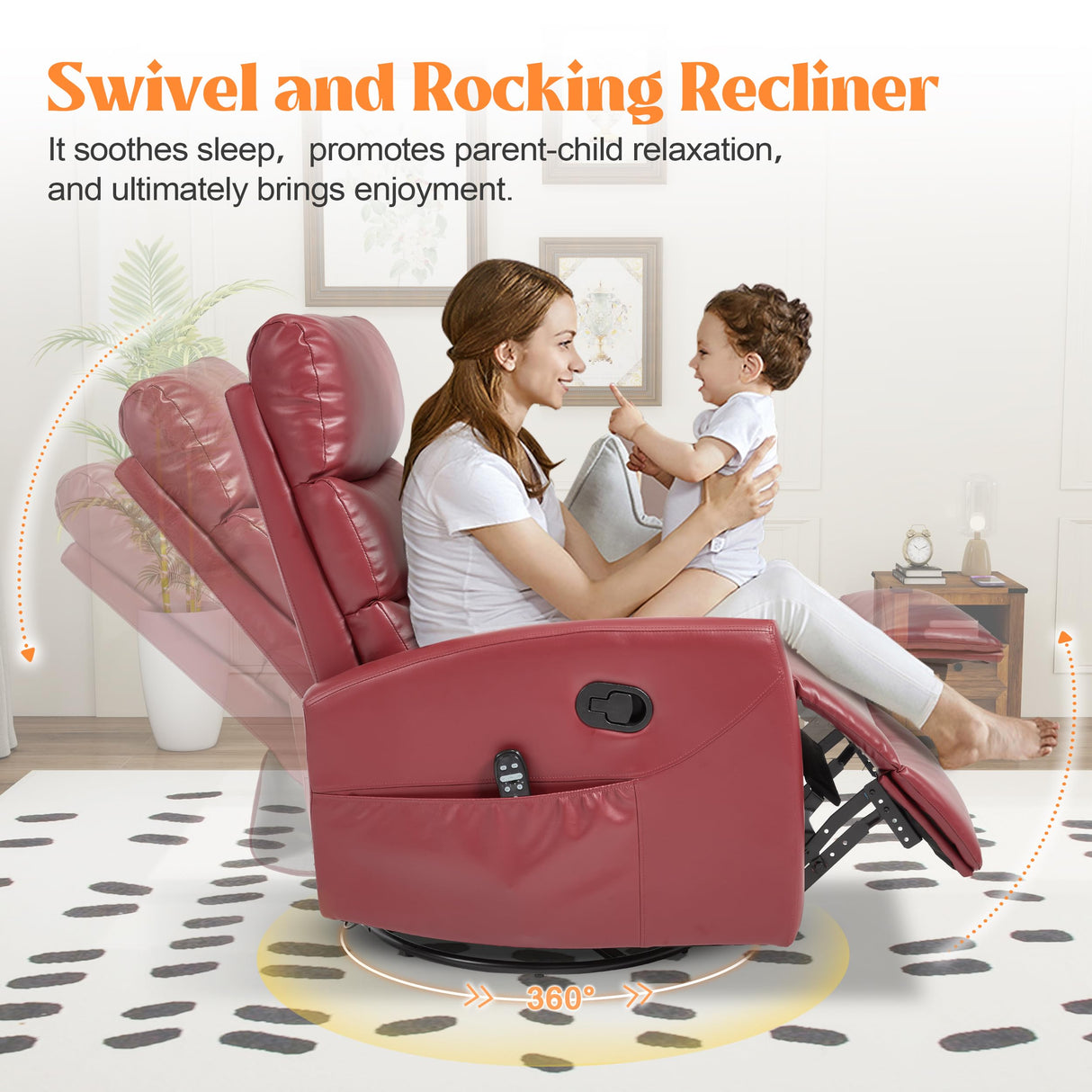 Manual Swivel Rocker Recliner Chair with Massage, Overstuffed Recliner Glider with Vibration Massage and Heat for Nursery, Living Room Reclining Sofa Chair, PU Leather Red Luxlen