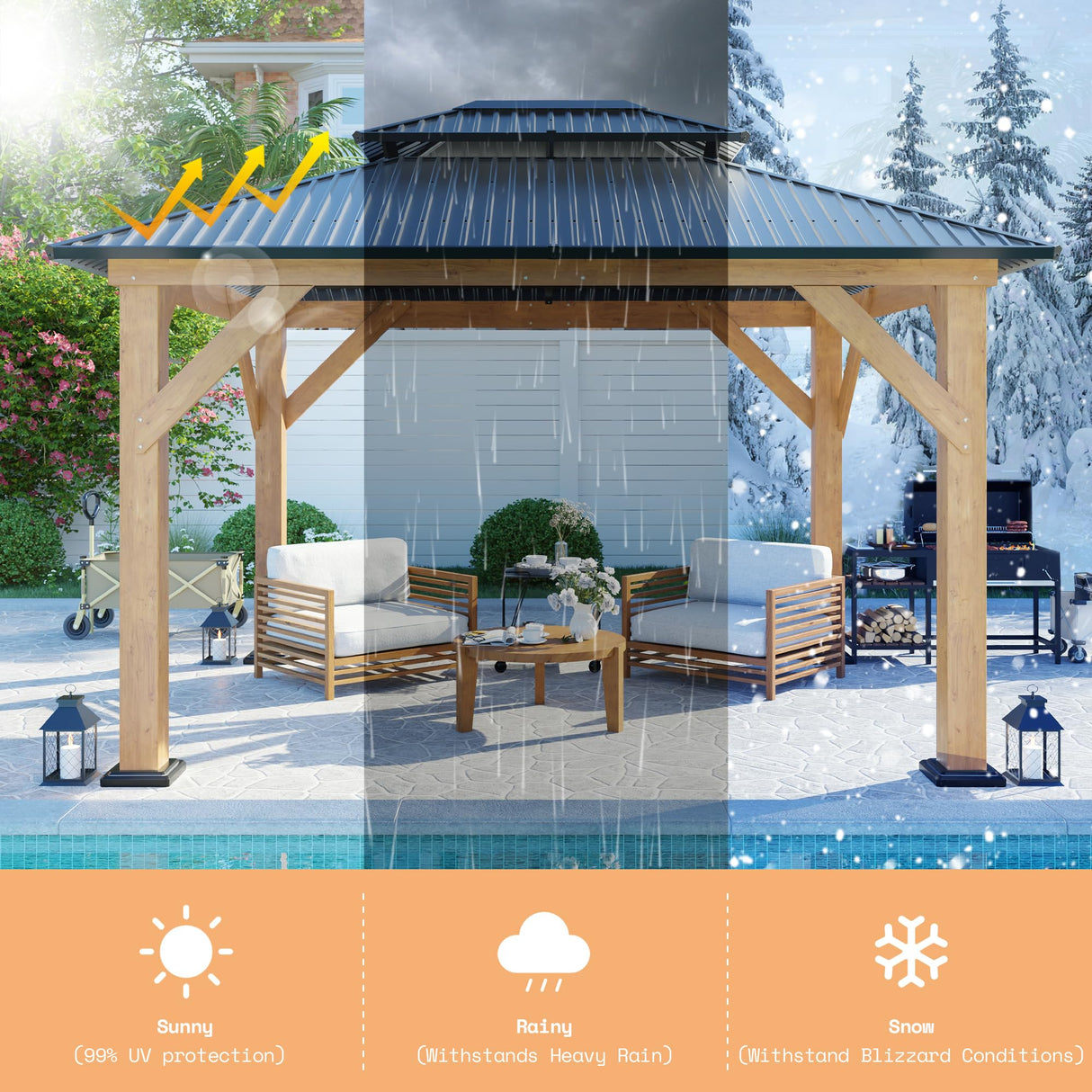 AMERLIFE 10x12 Wood Gazebo, Hardtop Gazebo with Aluminum Double Roof, Outdoor Gazebo with Wood Frame for Parties, Backyard, Lawns, Patio, Black + Natural Wood AMERLIFE