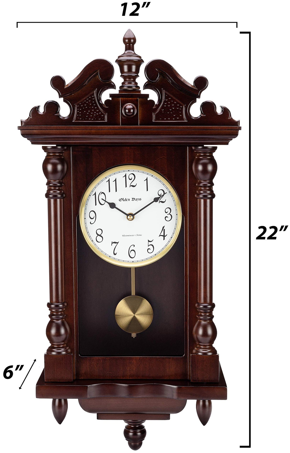 Olden Days Wall Clock with Real Wood, 4 Chime Options, Swinging Pendulum, Antique Vintage Design, 22" Large Olden Days