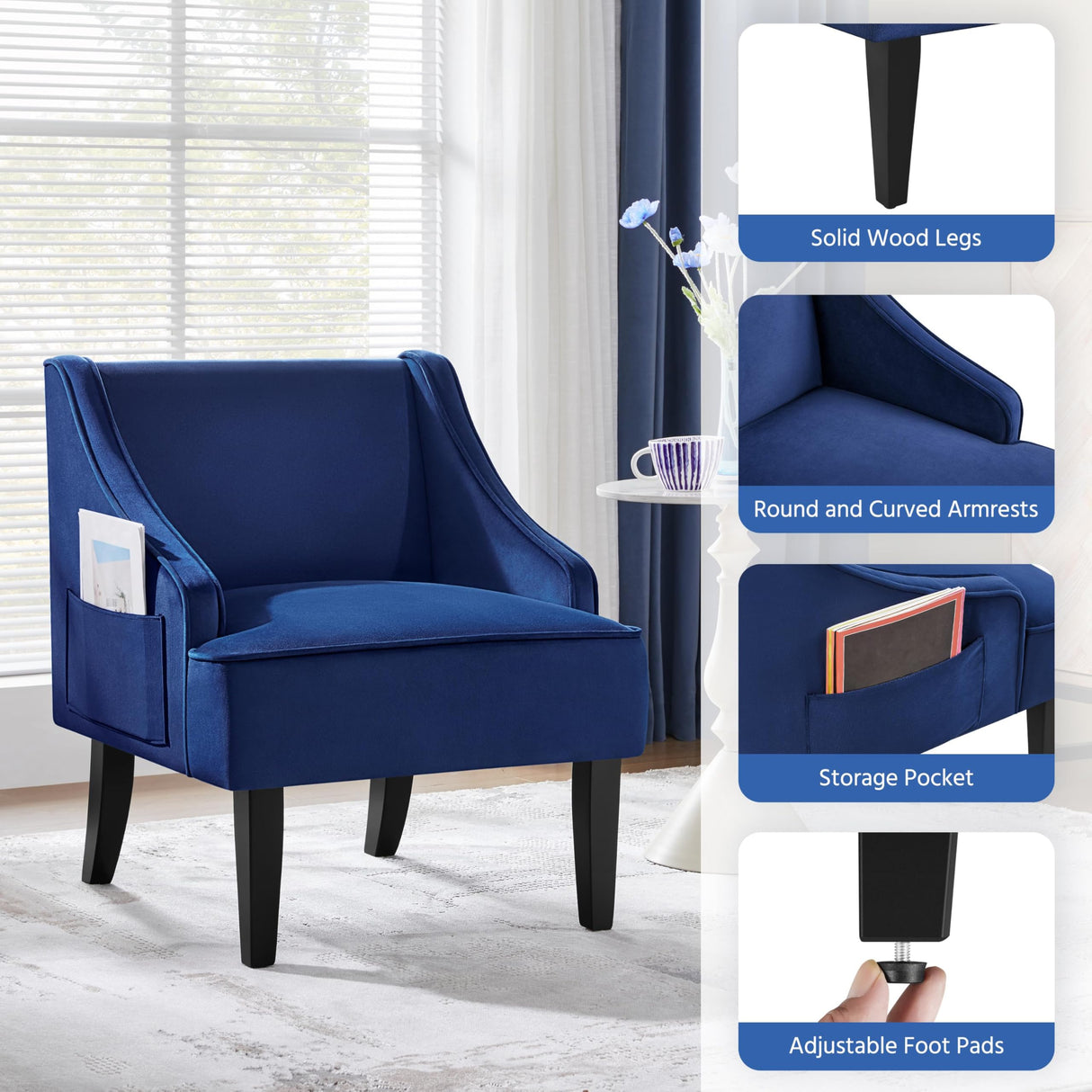 Yaheetech Mid-Century Accent Chair, Velvet Club Chair with Pocket, Wood Frame Comfy Barrel Chair for Living Room/Waiting Room/Bedroom, Blue Yaheetech