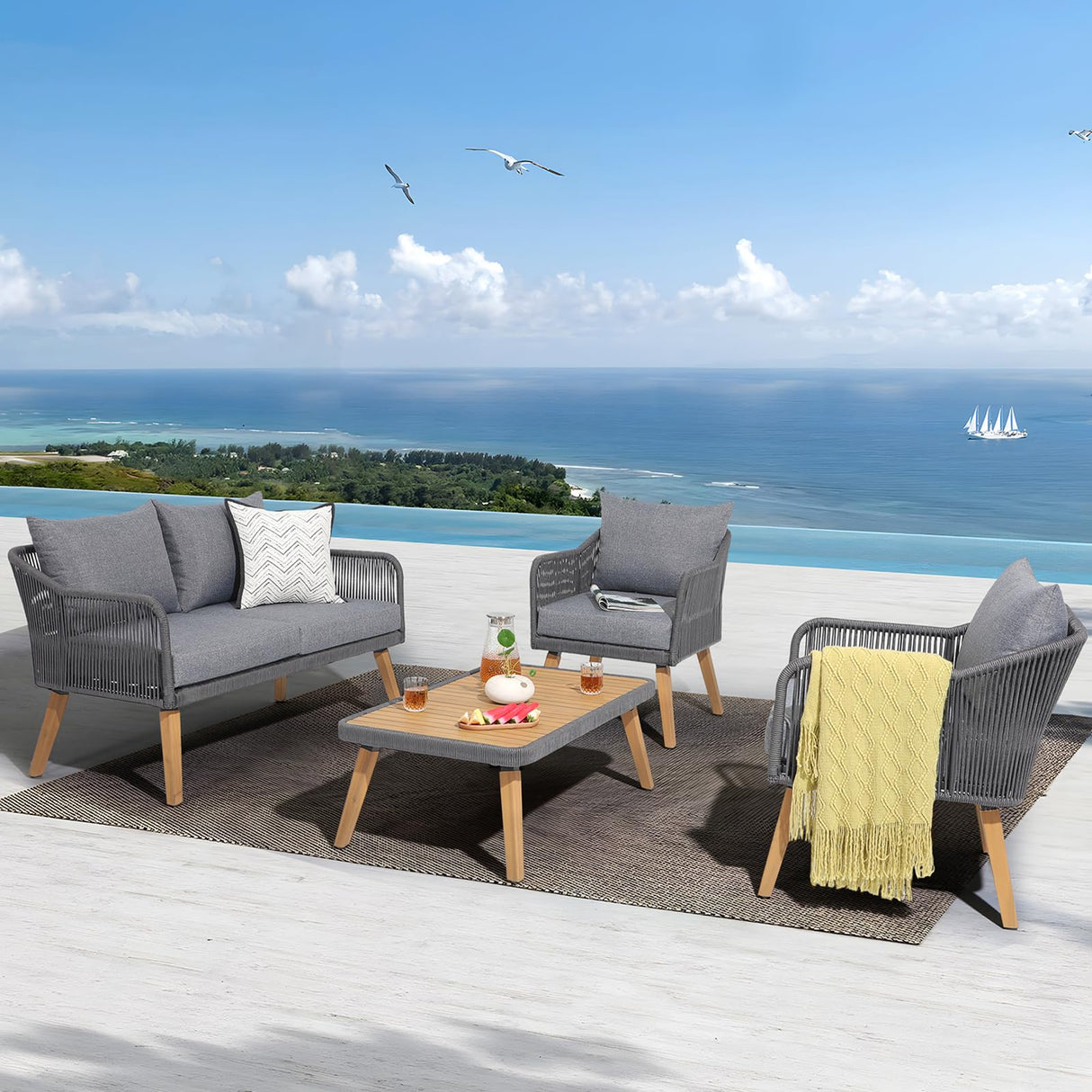 Patiorama 4 Piece Patio Furniture Set, Outdoor FSC Certified Acacia Wood Conversation Set, All-Weather Rope Sofa Set w/Coffee Table, Loveseat, Modern Deep Seating Set for Lawn Balcony Poolside, Grey Patiorama